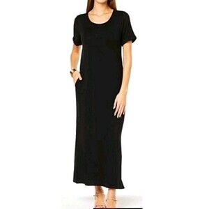 NWOT Colleen Lopez EveryWear Maxi Shirt Dress Black W/Pockets Rolled Sleeve -XS
